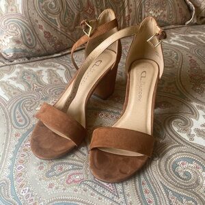 Light brown suede, ankle strap, 2.5” heel.